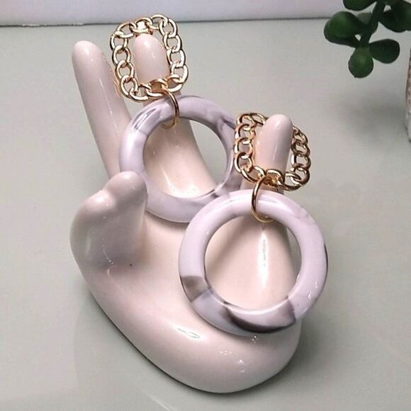 White & Gray Swirl Acrylic Hoop Drop Earrings. - Picture 1 of 4